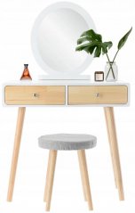 Măsuță de toaletă din lemn alb cu oglindă și taburet