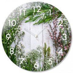 Kulaté skleněné hodiny 30 cm s bylinkami