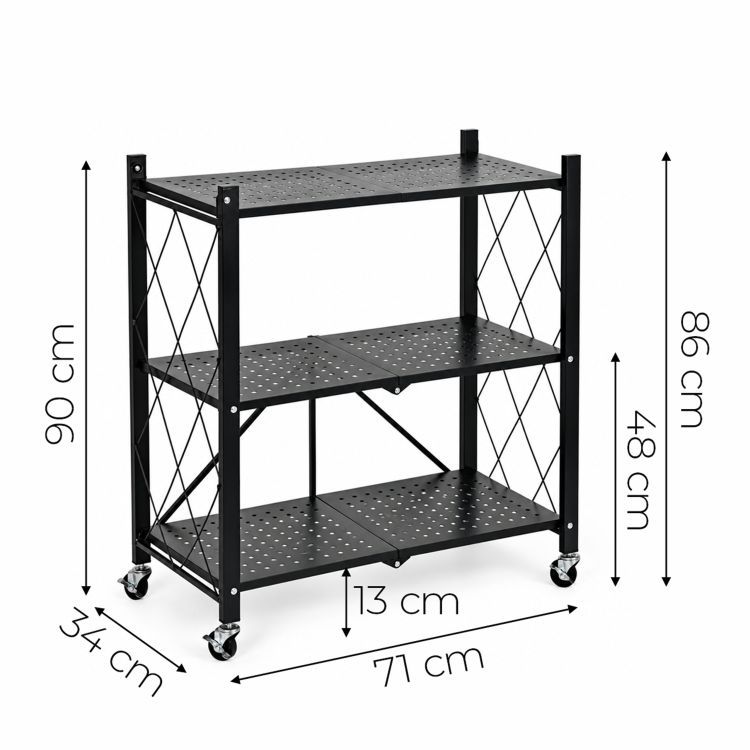 Etajeră pliabilă cu 3 polițe și roți – 90 x 71 x 34 cm