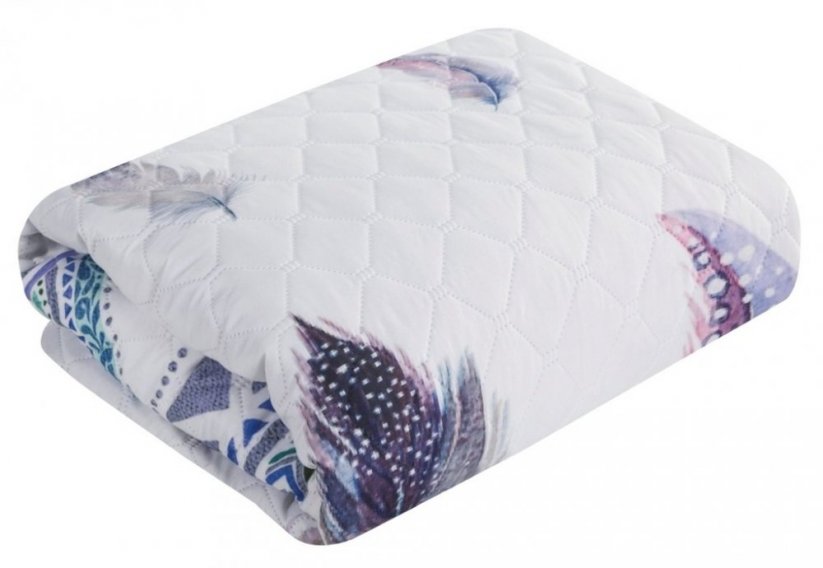 Cuvertură de pat albă cu imprimeu de pene colorate