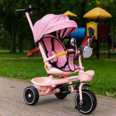 Többfunkciós rózsaszín gyermek tricikli forgatható üléssel és napellenzővel