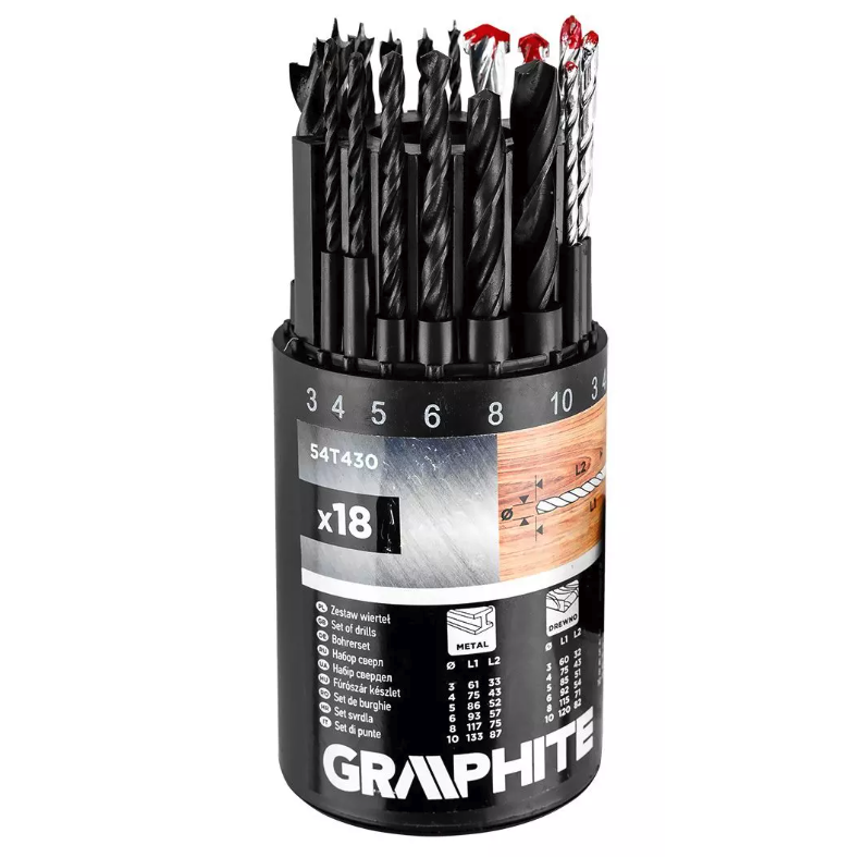 Универсален комплект свредла GRAPHITE 54T430 - 18 бр. за метал, дърво и тухла