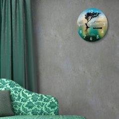 Kulaté skleněné hodiny 30 cm s motivem západu slunce
