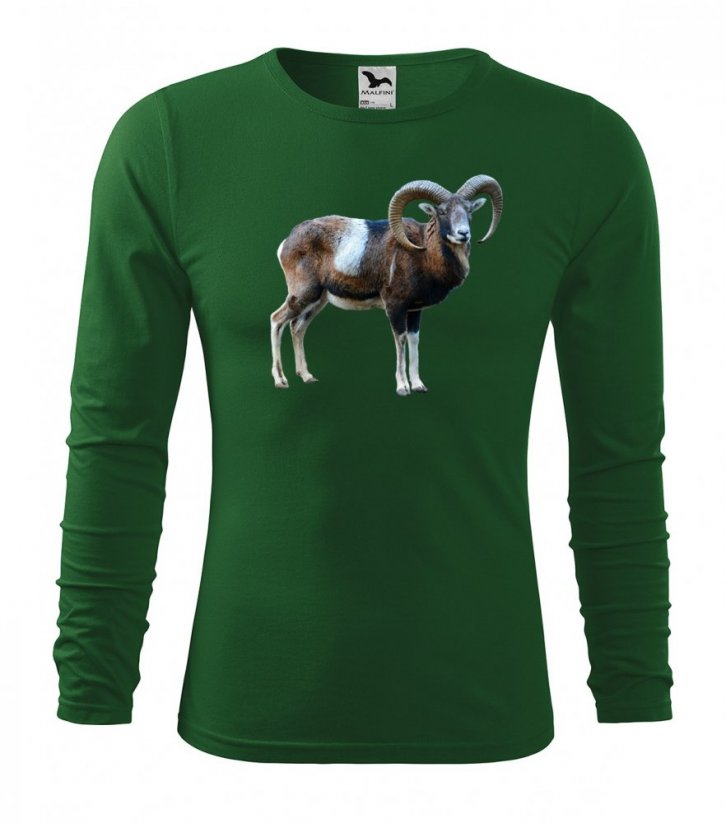 Bavlnené pánske tričko s dlhým rukávom a potlačou muflóna - Farba: Zelená, Veľkosť: M