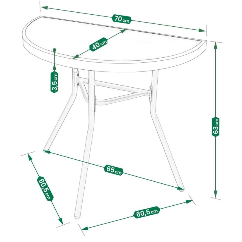 Pologuľatý balkónový stolík béžový – sklenený s kovovou konštrukciou