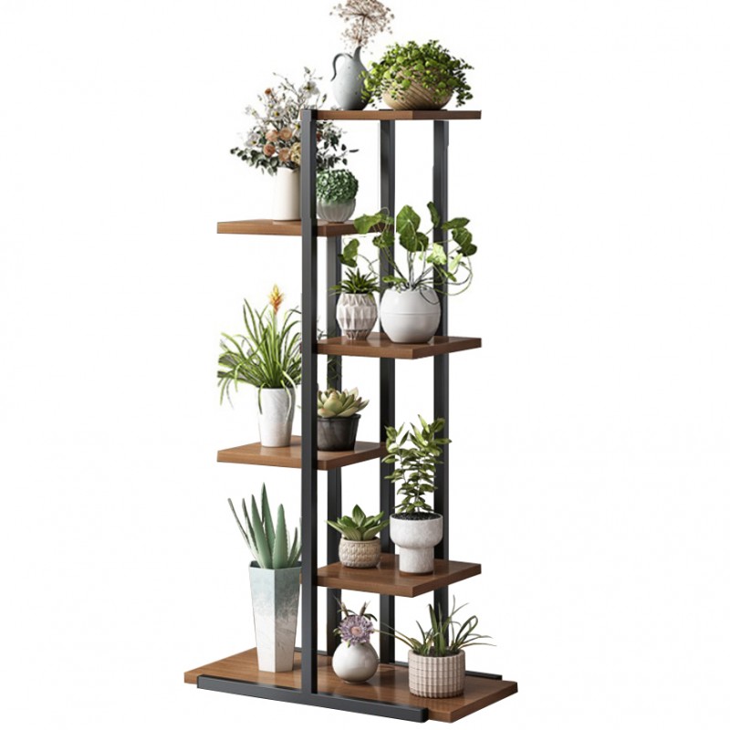 Stojan na květiny v černé barvě s tmavými policemi