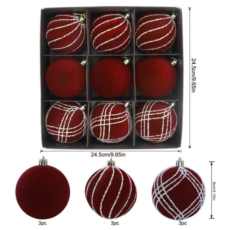 Súprava 9 zamatových vianočných gúľ v trendovej bordovej farbe