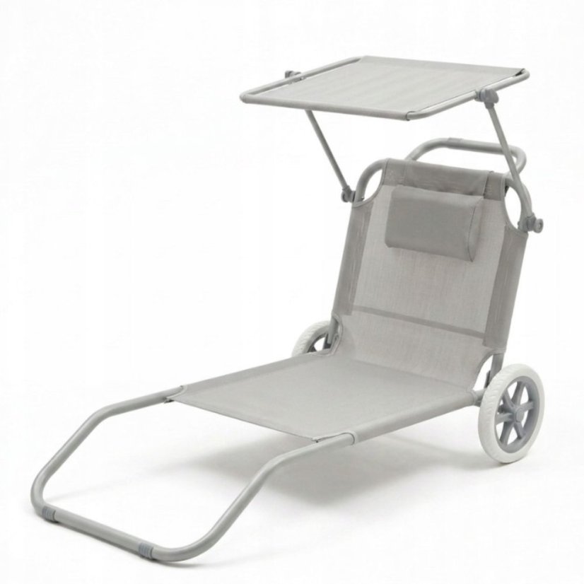 Plážové ležadlo 2v1 s kolieskami a strieškou – skladacie lehátko s vozíkom a vankúšom