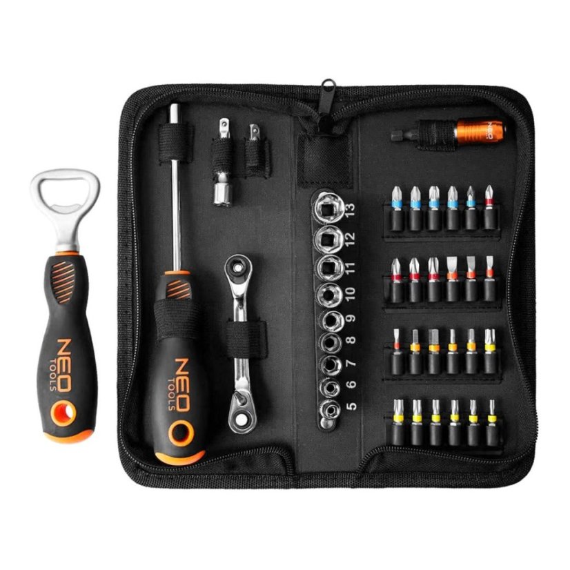 Adventný kalendár s náradím NEO TOOLS – 38-dielna sada bitov, hlavíc a mini račne