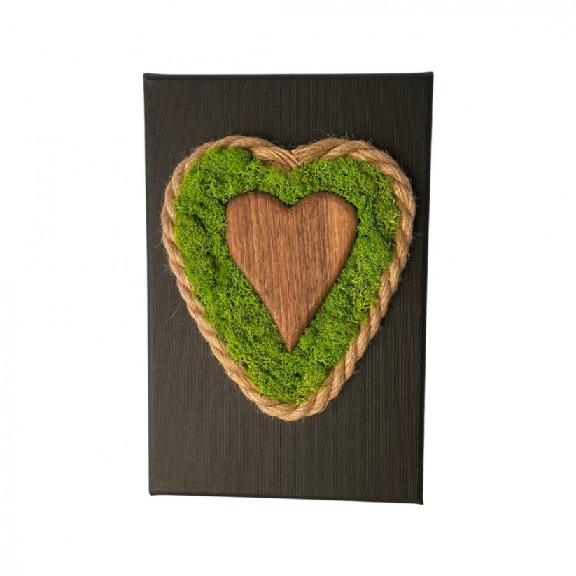 Tablou de mușchi cu inimă din lemn și frânghie 20 x 30 cm