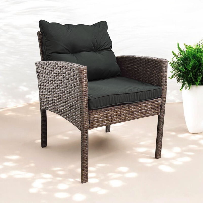 Hnědé zahradní křeslo z technoratanu SFS078-SC se šedými polštáři