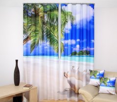 Závěsy modré barvy na okno s motivem exotické pláže s palmou