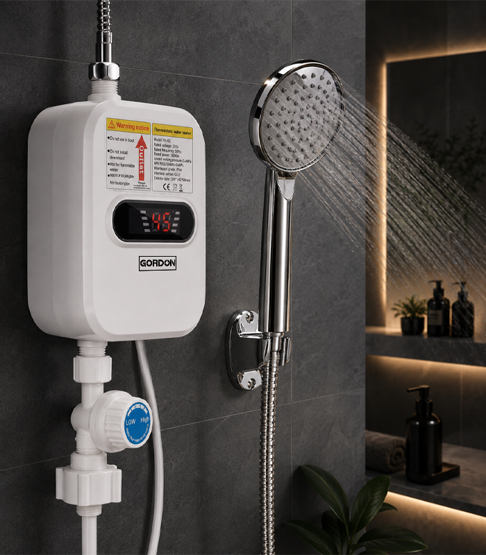 Elektrický průtokový ohřívač vody 3 500 W s displejem a sprchou, 15–50 °C