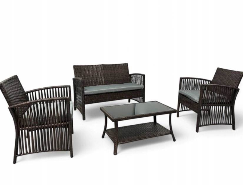 Set da giardino NM-02 in tecnicoratano di alta qualità - marrone scuro + cuscini grigi