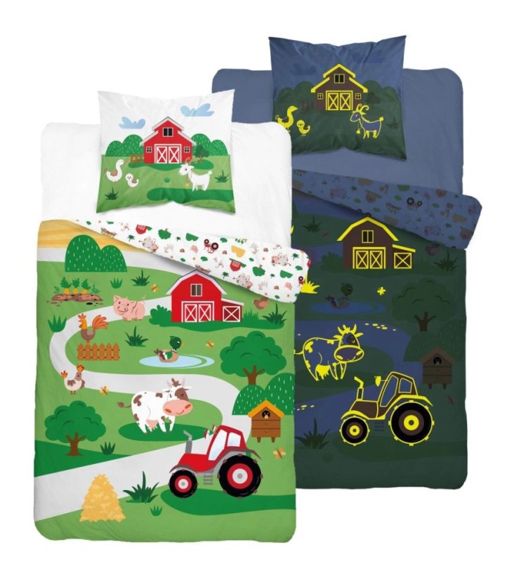 Detská bavlnená posteľná bielizeň svietiaca v tme – Zvieratká na farme