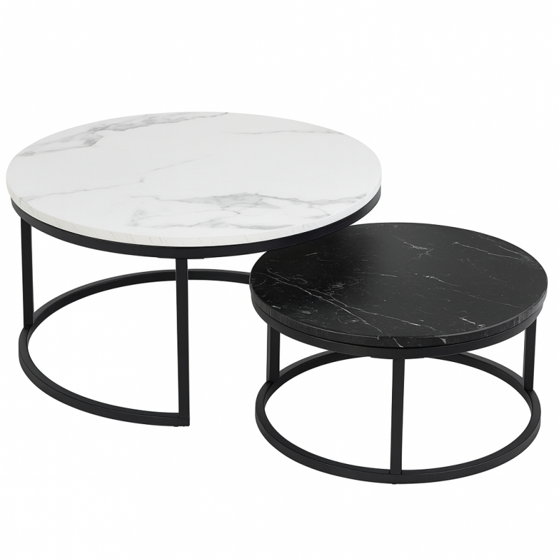 2 kerek dohányzóasztal készlet - fehér és fekete márvány