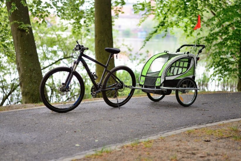 Prikolica za bicikl s 2 sjedala s amortizerom + JOGGER zelena