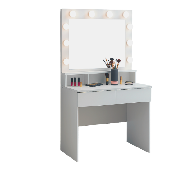 Tavolino da toilette bianco con specchio a LED, cassetti e scomparti