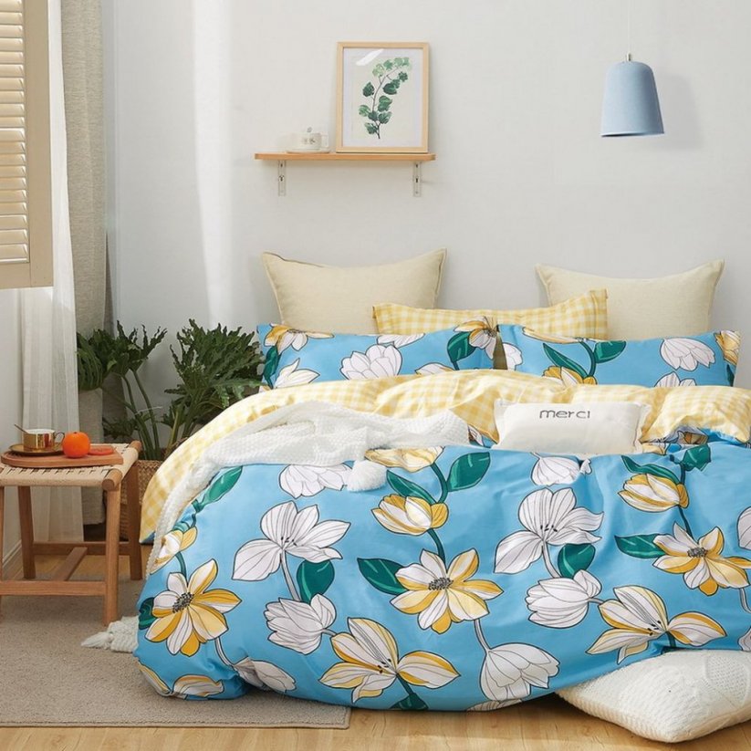 Lenjerie de pat frumoasă din bumbac albastru cu flori