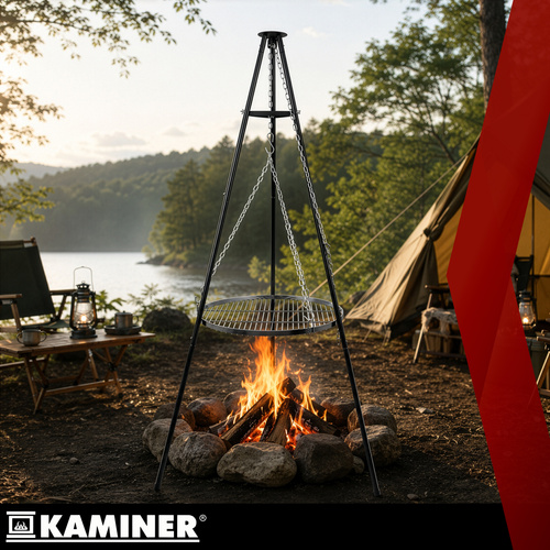 Kerti grill háromlábú állvánnyal – 58 cm-es, felfüggesztett rozsdamentes acél rács tűztérrel