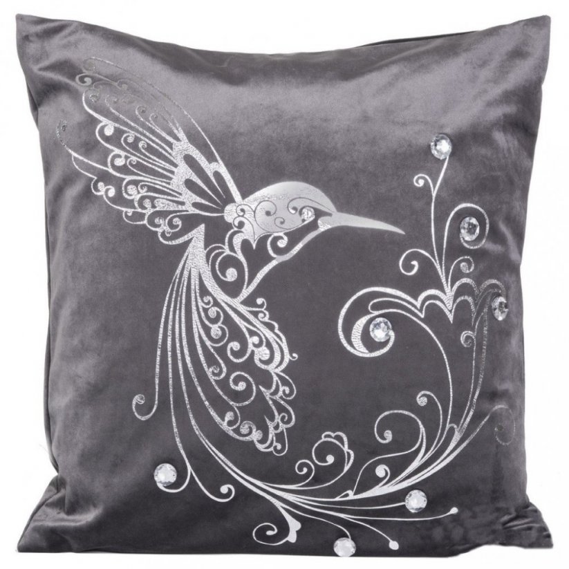 Dekorační povlak na polštáře v šedé barvě s květem a ptákem