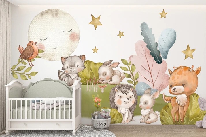Adesivo murale per bambini simpatici animali sul prato
