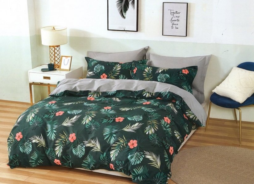 Lenjerie de pat verde din bumbac, cu un motiv de frunze și flori