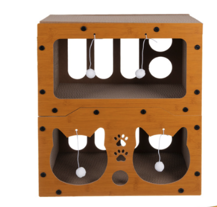 Kétszintes macskakaparó házzal, elegáns fa dekorációban