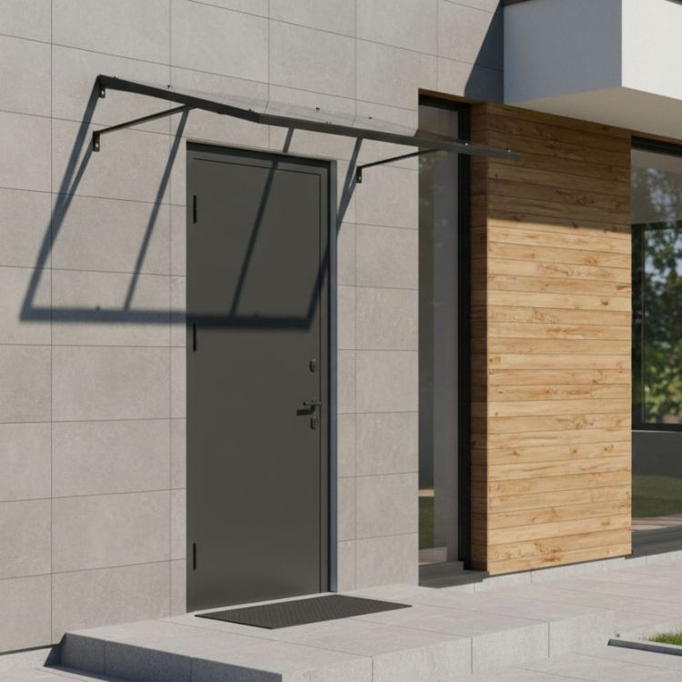 Bejárati polikarbonát előtető az ajtó felett acélszerkezettel