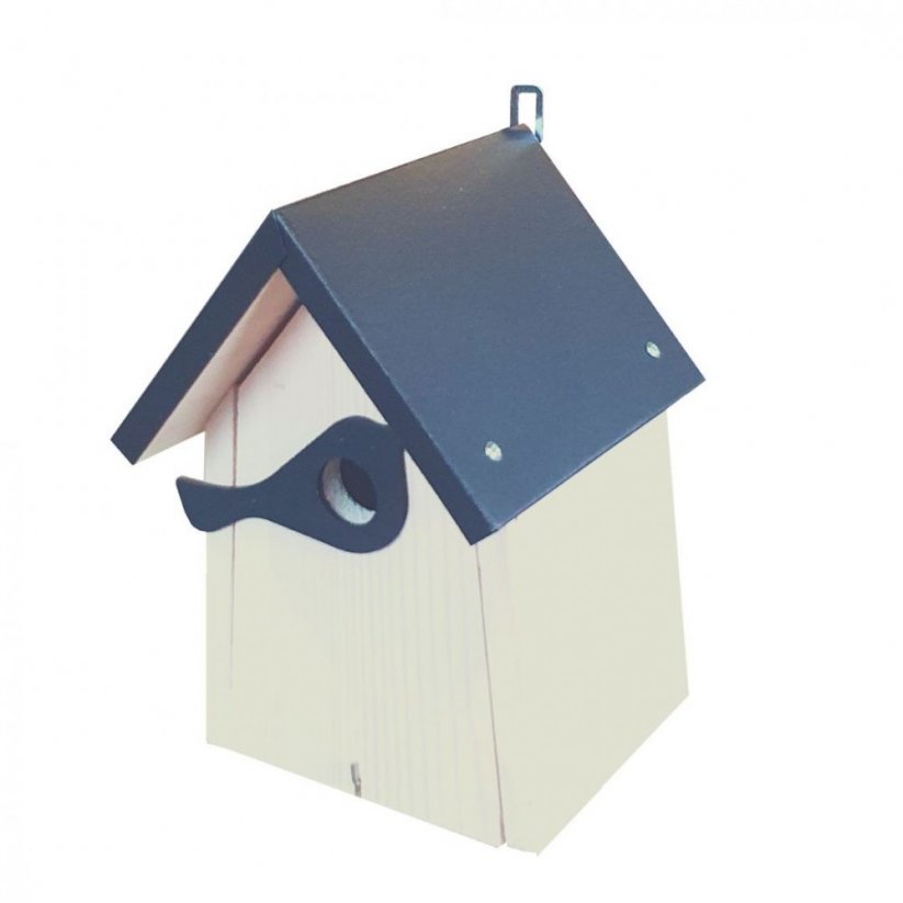 Дървена къщичка за гнездене на птици със сив покрив