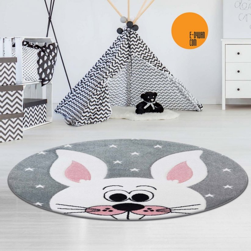 Сив кръгъл детски килим Smiling Bunny