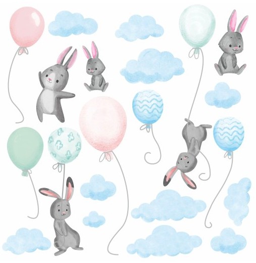 Modra otroška stenska nalepka "Flying Rabbits With Balloons", velikost 80 x 160 cm
