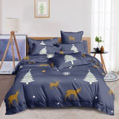 Lenjerie de pat frumoasă gri și albastră cu tema pomului de Crăciun și a renilor