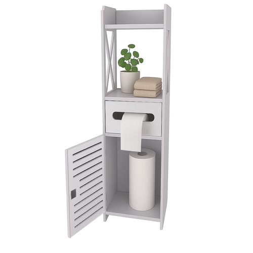 Szabadon álló fürdőszobaszekrény WC-papír tartóval - fehér