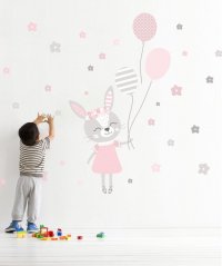 Samolepka na zeď pro holčičku růžový zajíček s balónky 92 x 55 cm