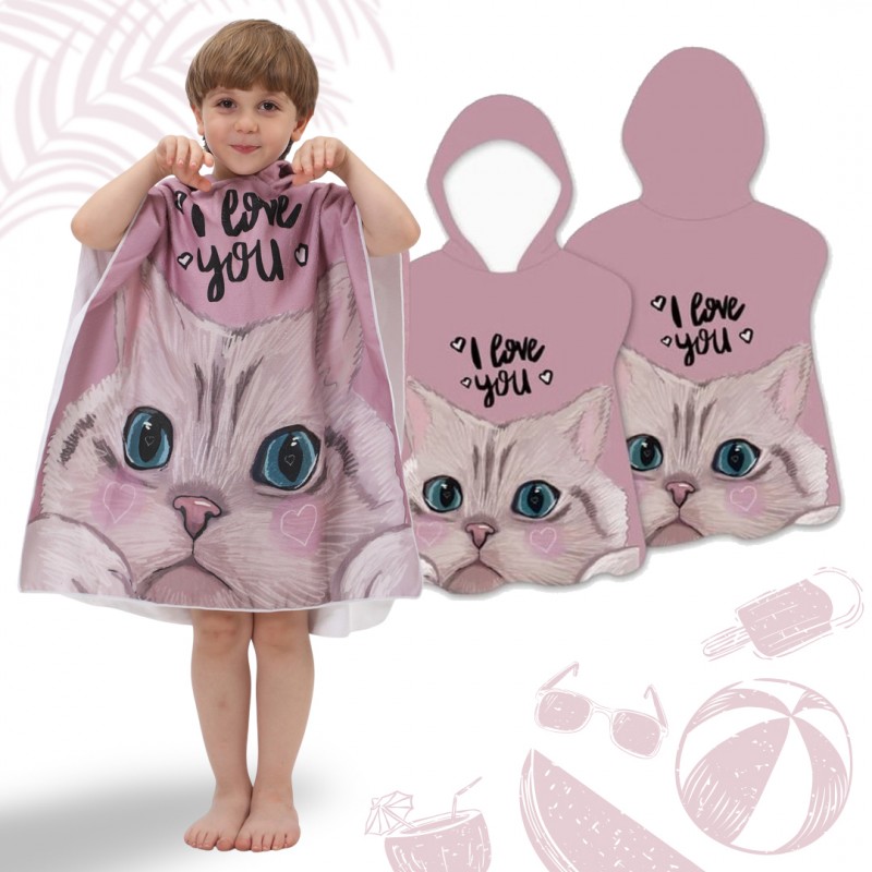Poncho da spiaggia per bambini rosa con gatto