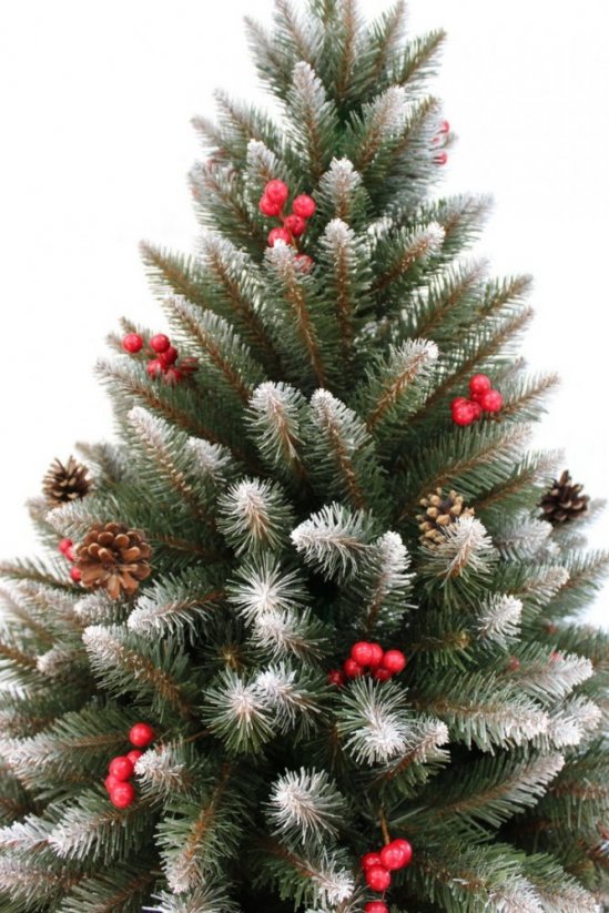 Gyönyörű berkenyével és fenyőtobozokkal díszített karácsonyfa 220 cm