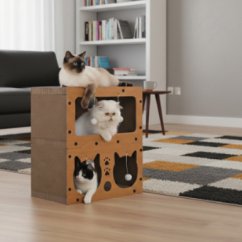 Kétszintes macskakaparó házzal, elegáns fa dekorációban