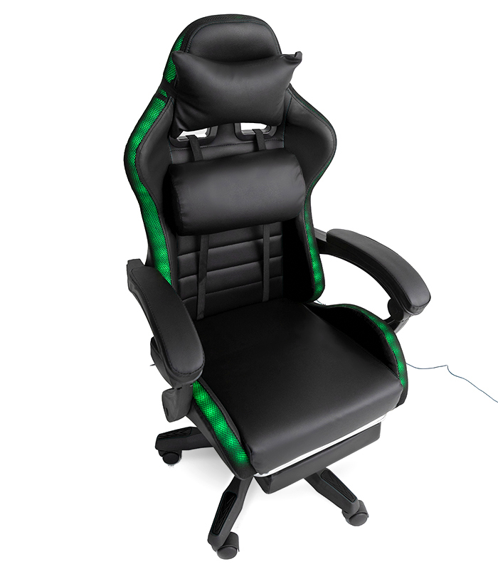Scaun de gaming LED cu suport pentru picioare pliabil și funcție de masaj - negru