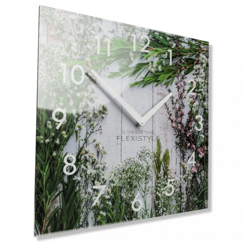 Dekorační skleněné hodiny 30 cm s motivem lučních květů