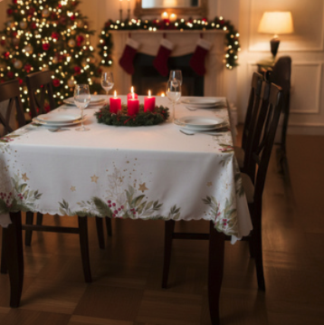 Vánoční bílý ubrus se slavnostním potiskem - 140 x 220 cm