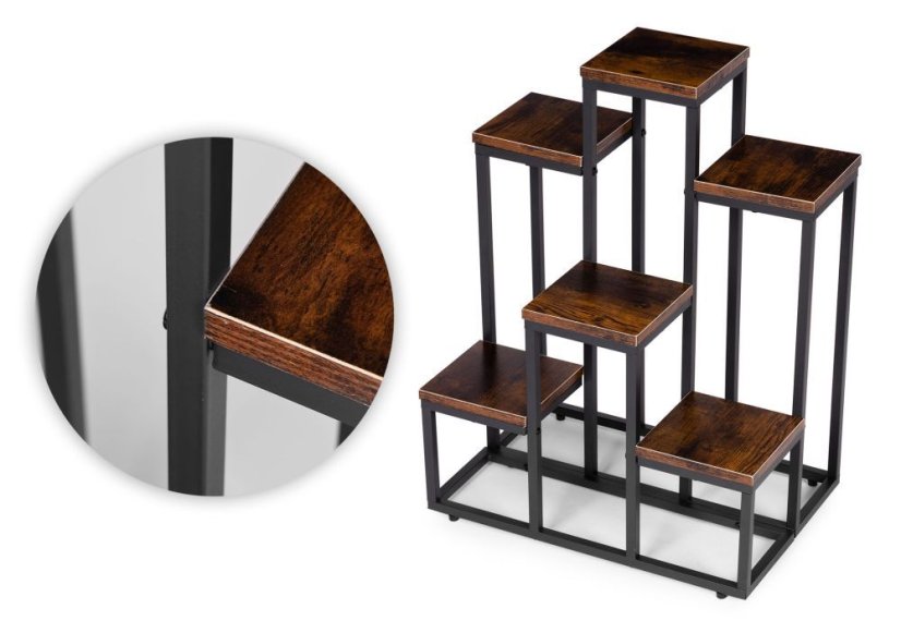 Loft Blumenständer - 6 Ablagen, schwarzer Stahl und Holzdekor