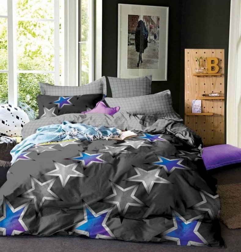 Luxusné obojstranné posteľné obliečky v sivej farbe s motívom hviezd