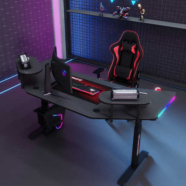 Elektrický výškovo nastaviteľný rohový stôl 160 cm – čierny s LED podsvietením