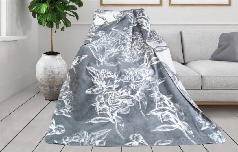 Hebká dekoračná deka s motívom kvetov sivej farby