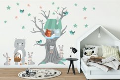 Simpatico adesivo da parete per bambini con animali e casa sull'albero 100 x 200 cm