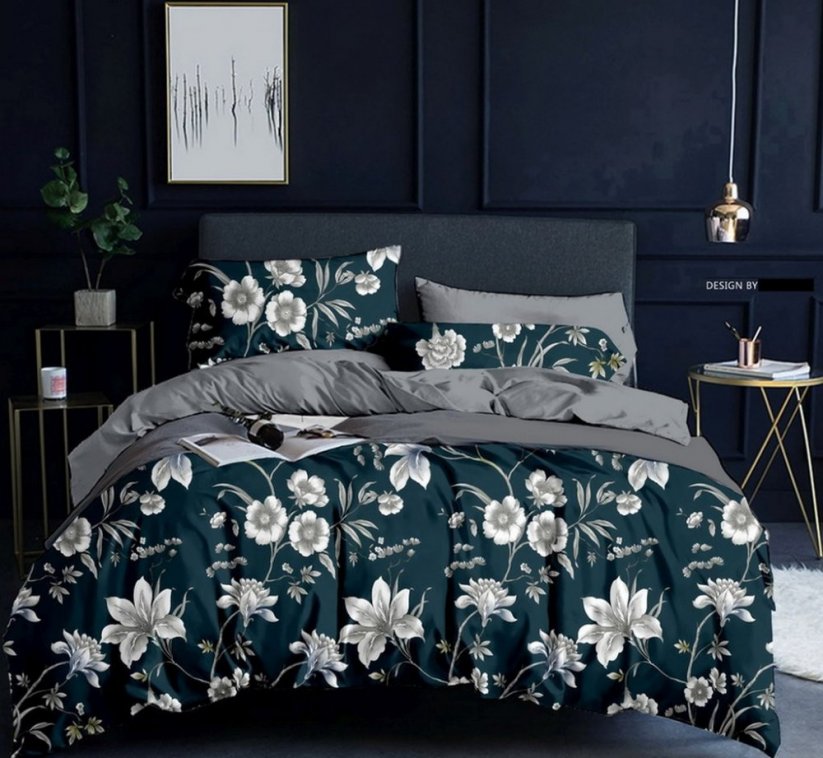 Minőségi mikroszálas ágynemű, sötétzöld, fehér virágokkal