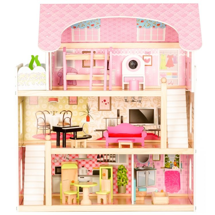 Lesena hiša v roza barvi s punčkami