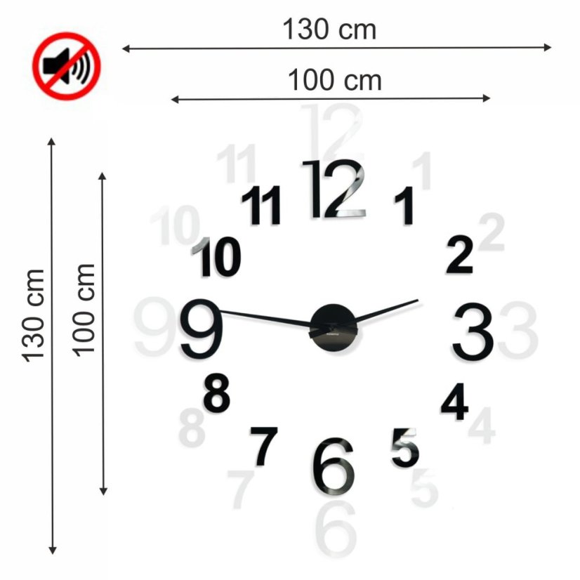 Designové černé nalepovací hodiny 130cm