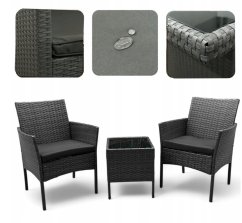 Set in rattan con tavolo e 2 poltrone - grigio + cuscini antracite